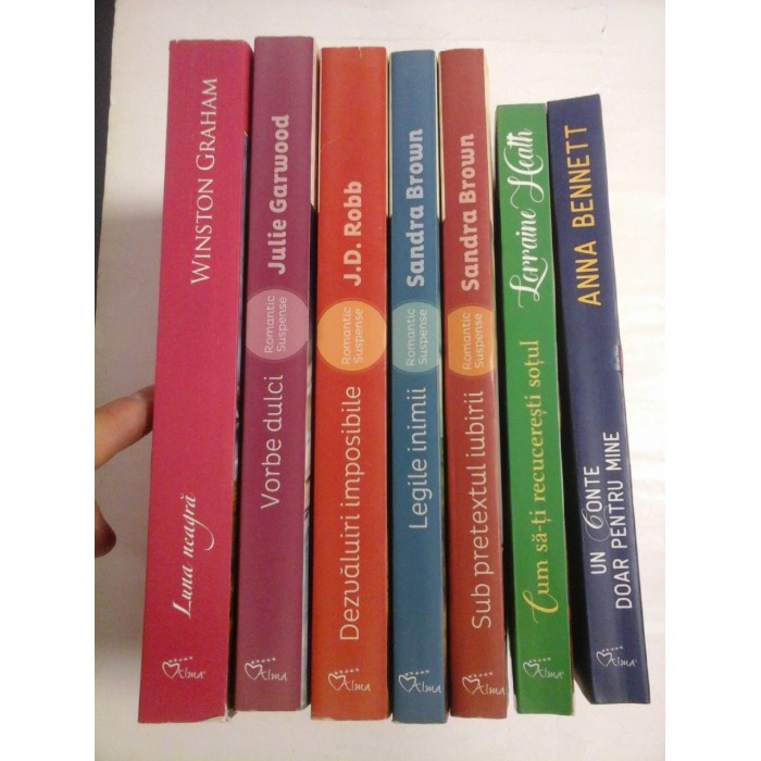 7 romane: Anna BENNETT (Un conte doar pentru mine); Loraine HEATH (Cum sa-ti recuceresti sotul); Sandra BROWN (Legile inimii; Sub pretextul iubirii); J. D ROBB (Dezvaluiri imposibile); Winston  GRAHAM (Luna neagra); Julie GARWOOD (Vorbe dulci) -